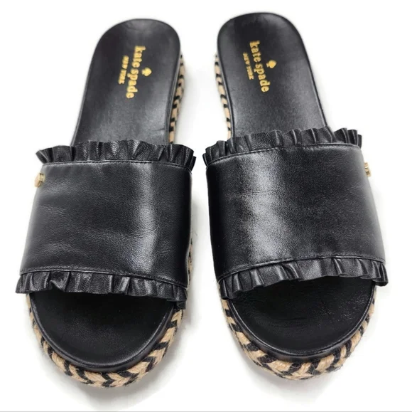 Kate Spade Zahara Black Ruffled Leather Open-Toe Slide-On Flat Espadille Sandals - Picture 5 of 10